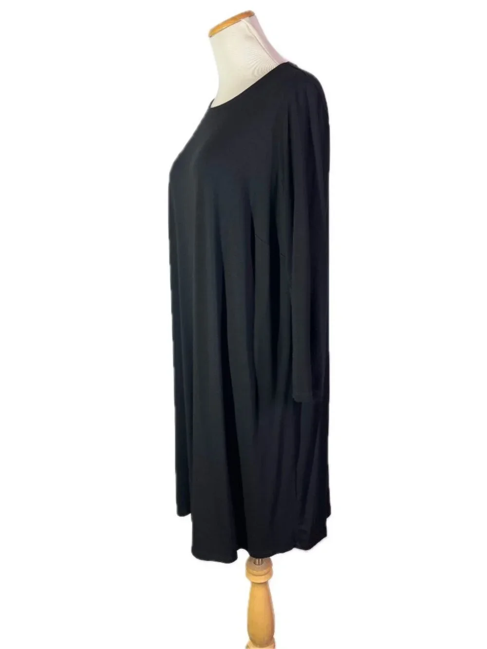 Eileen Fisher Size L? Black Viscose Knit Shift Dress Long Sleeve Stretchy